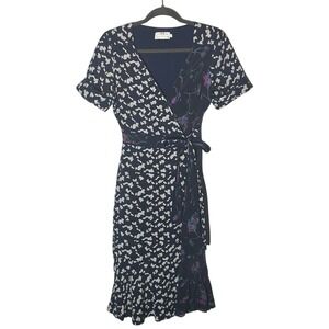 Tanya‎ Taylor Blue Luisa Mixed Print Silk Wrap Dress Floral Short Sleeve Midi 2